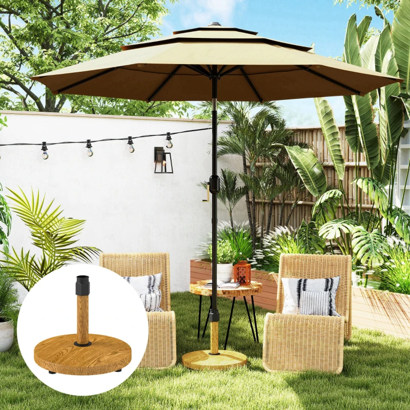 Outsunny Tuinparasolvoet, Parasolbasis met Wielen, Verrijdbare Basis voor Tuinparasol, Metaal, Beton, Natuurhout