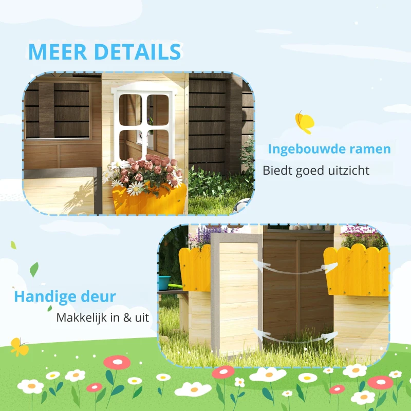 Outsunny speelhuis voor kinderen, houten kinderspeelhuis met raam, brievenbus, buitentuin speelhuis met bloempottenrek, houten speelhuis voor 3-7 jaar, dennenhout, naturel, 113 x 94 x 134,5 cm