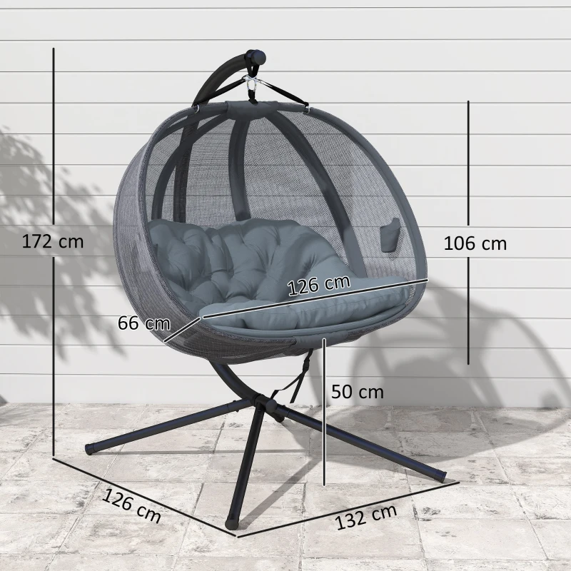 Outsunny Double Hanging Egg Chair 2 Seaters Texteline Swing Hammock Chair with Folding Design, Grey