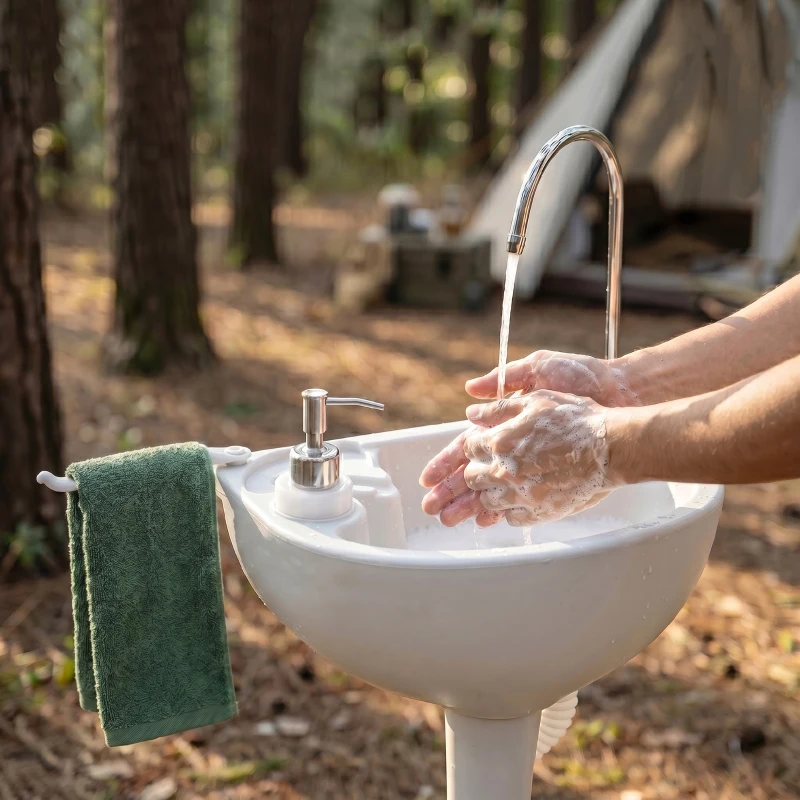 Outsunny Camping-Waschbecken mit Auffangbehälter, Seifenspender, 17L Wassertank, mobil, hellgrau