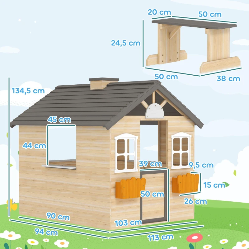 Outsunny speelhuis voor kinderen, houten kinderspeelhuis met raam, brievenbus, buitentuin speelhuis met bloempottenrek, houten speelhuis voor 3-7 jaar, dennenhout, naturel, 113 x 94 x 134,5 cm