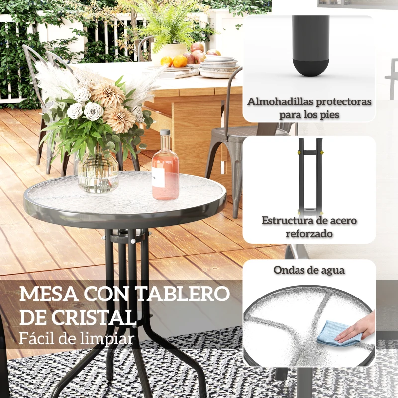 Outsunny Conjunto de Jardín de 3 Piezas con Mesa Redonda Encimera de Vidrio y Sillas Apilables para Exteriores Gris Claro