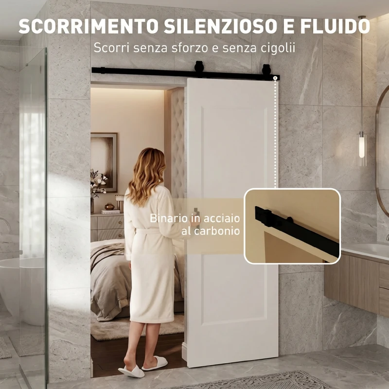 HOMCOM Porta Scorrevole Interna in Legno di Pino con Binario Silenzioso, Guida, Kit Ferramenta, Bianco