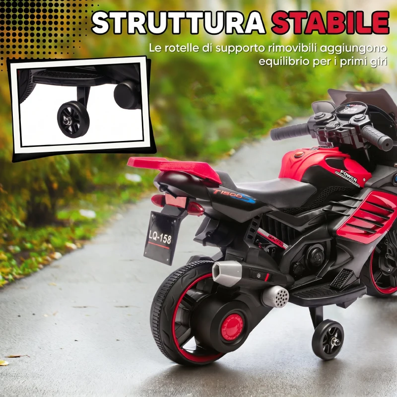 AIYAPLAY Moto Elettrica per Bambini da 18-36 Mesi, 6V, con Rotelle Rimovibili, Fari e Musiche Integrate, Rosso