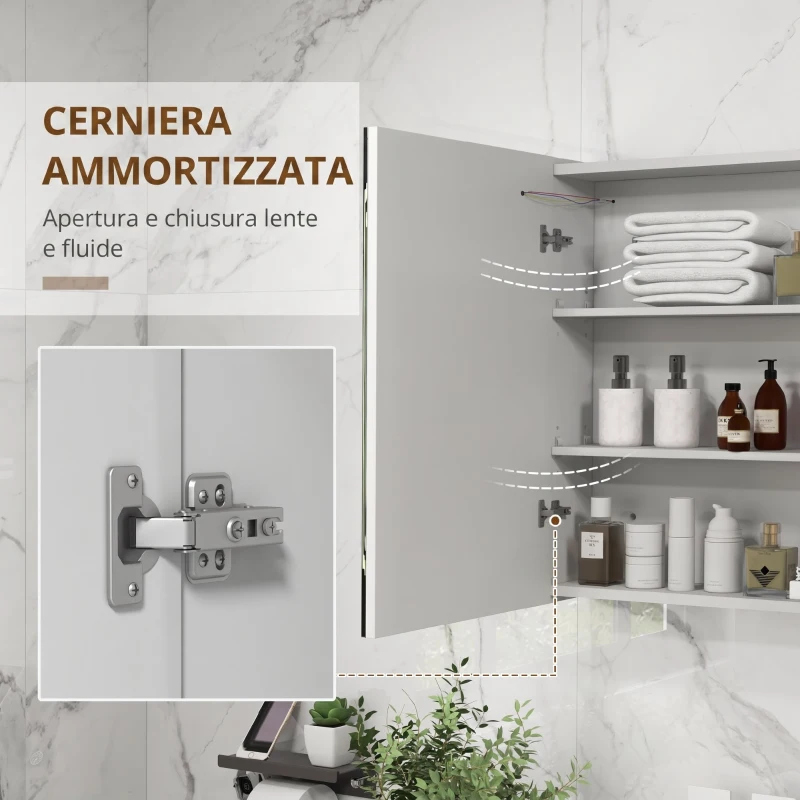 kleankin Specchio Bagno Contenitore con Luce LED, 80 x 65cm Mobile Bagno con Specchio, Anta Soft Close, Dimmerabile a 3 Colori, Ripiani Regolabili, Bianco Lucido