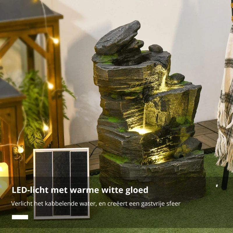 Outsunny Fonteinen Tuin, Steen-look Zonne-energie LED's Kunstharz Grijs