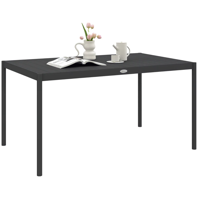 Outsunny Masă de Grădină cu Lamele, Dimensiuni 145x90 cm, Masă de Dining pentru 6 Persoane, Rectangulară, din Aluminiu și Oțel, pentru Curte, Terasă, Balcon și Exterior, Gri Închis