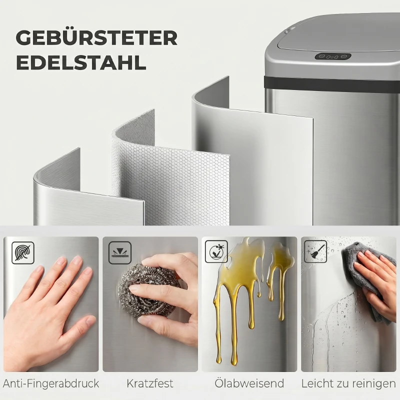 HOMCOM 48 L Sensor-Mülleimer für Küche oder Büro, automatische Schließ-Funktion, Edelstahl, Silberton