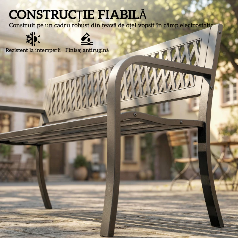 Outsunny Bancă de Grădină pentru Exterior, Bancă de Patio cu Brațe și Șezut cu Lamele, 2 Locuri pentru Grădină, Parc, Balcon, Mobilier Exterior, Negru