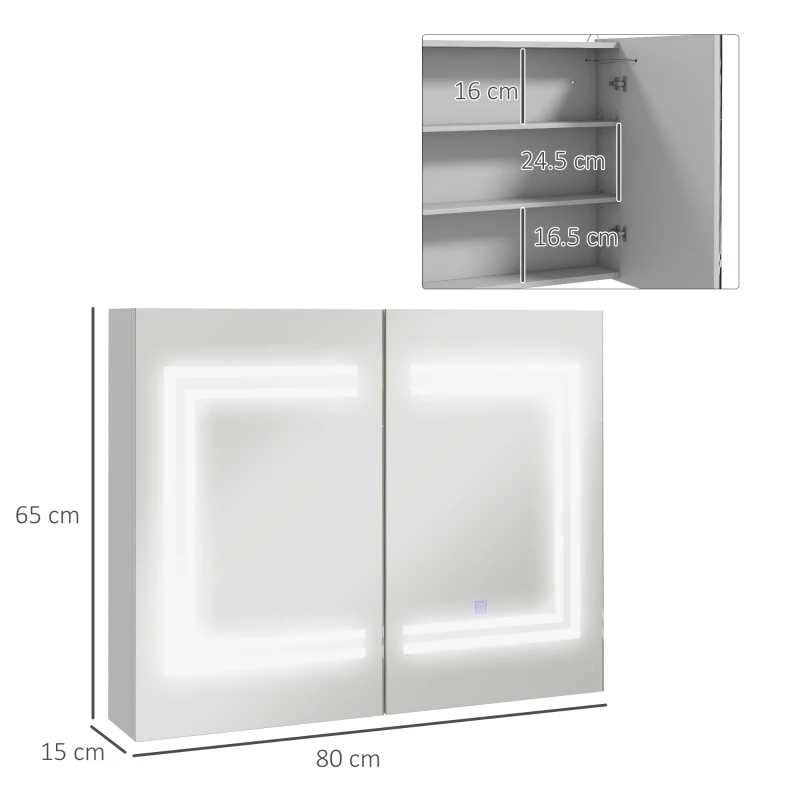 kleankin Specchio Bagno Contenitore con Luce LED, 80 x 65cm Mobile Bagno con Specchio, Anta Soft Close, Dimmerabile a 3 Colori, Ripiani Regolabili, Bianco Lucido