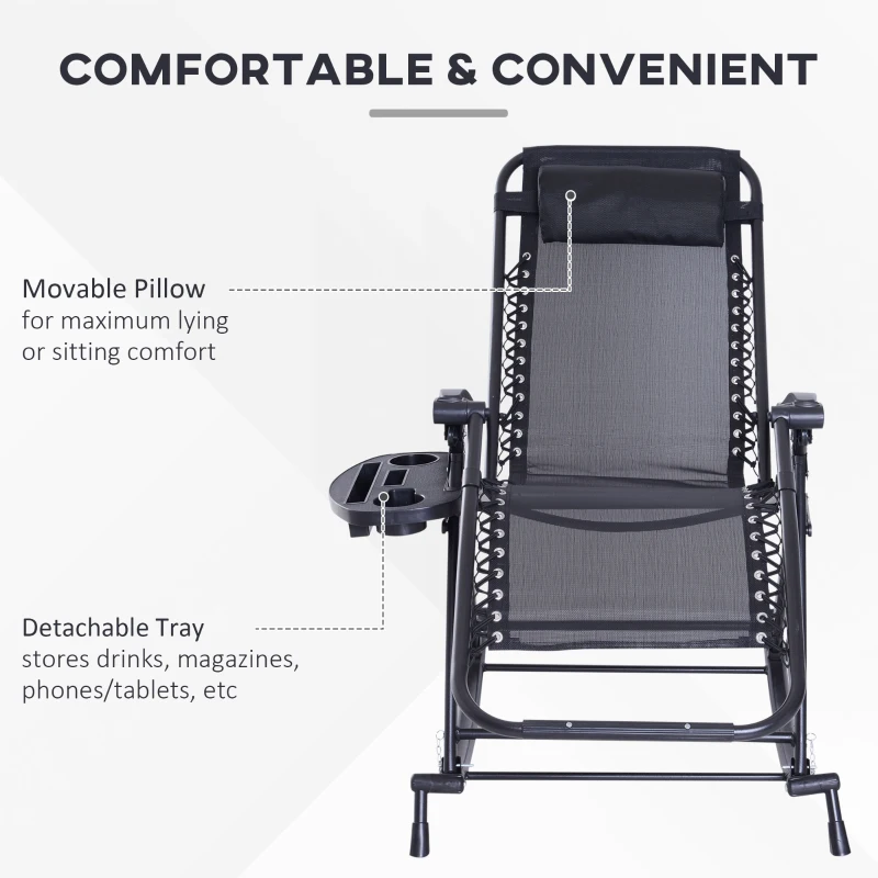 Outsunny Foldable Garden Rocking Chair, Outdoor Recliner Sun Lounger with Breathable Mesh Fabric, Zero-Gravity Seat with Headrest and Cup Holder Tray, Black