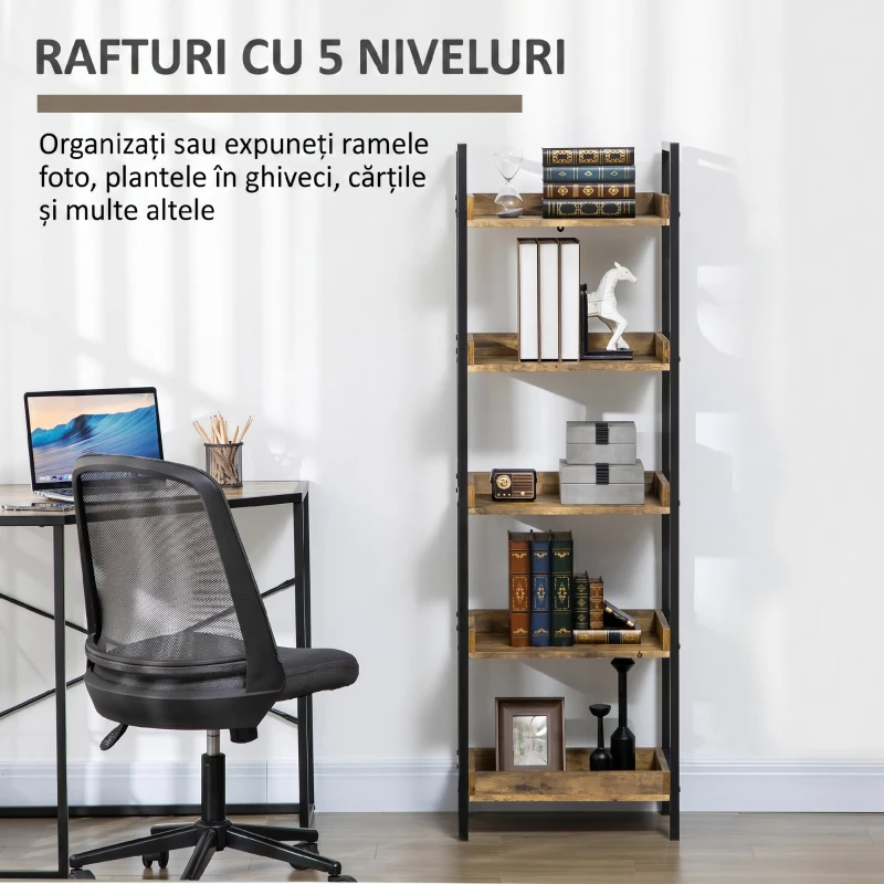 Homcom Biblioteca 5 Rafturi – Stil Industrial, Lemn & Metal