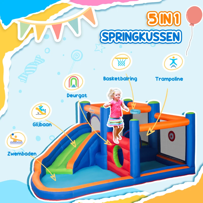 Outsunny springkasteel, met ruches, springkussen, zwembad, opblaasbaar, incl. elektrische pomp, voor maximaal 3 kinderen, 380 x 340 x 170 cm