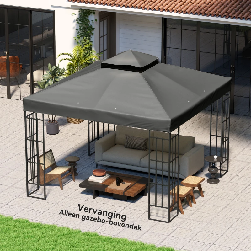Outsunny 3 x 3 m Vervangingsdak voor Paviljoen, Dakzeil met Afvoergaten, UPF30+, Zonbescherming, Donkergrijs