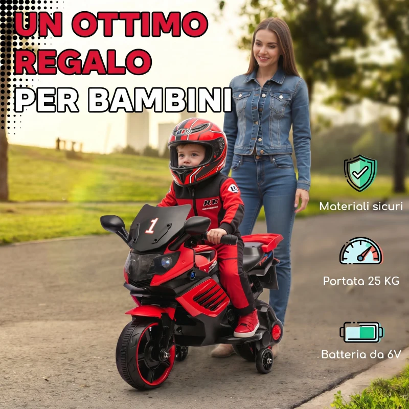 AIYAPLAY Moto Elettrica per Bambini da 18-36 Mesi, 6V, con Rotelle Rimovibili, Fari e Musiche Integrate, Rosso