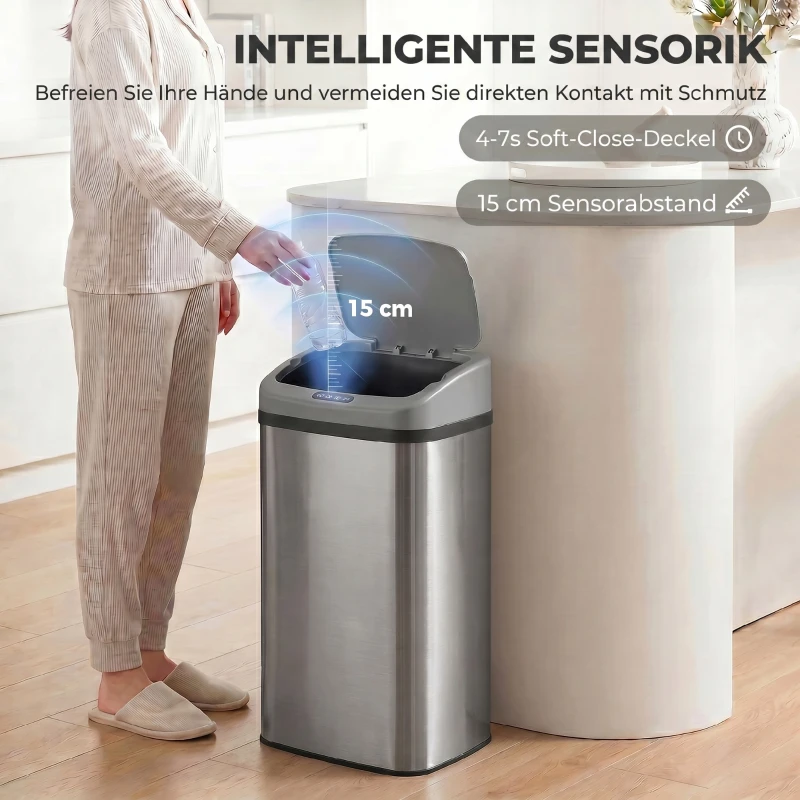 HOMCOM 48 L Sensor-Mülleimer für Küche oder Büro, automatische Schließ-Funktion, Edelstahl, Silberton