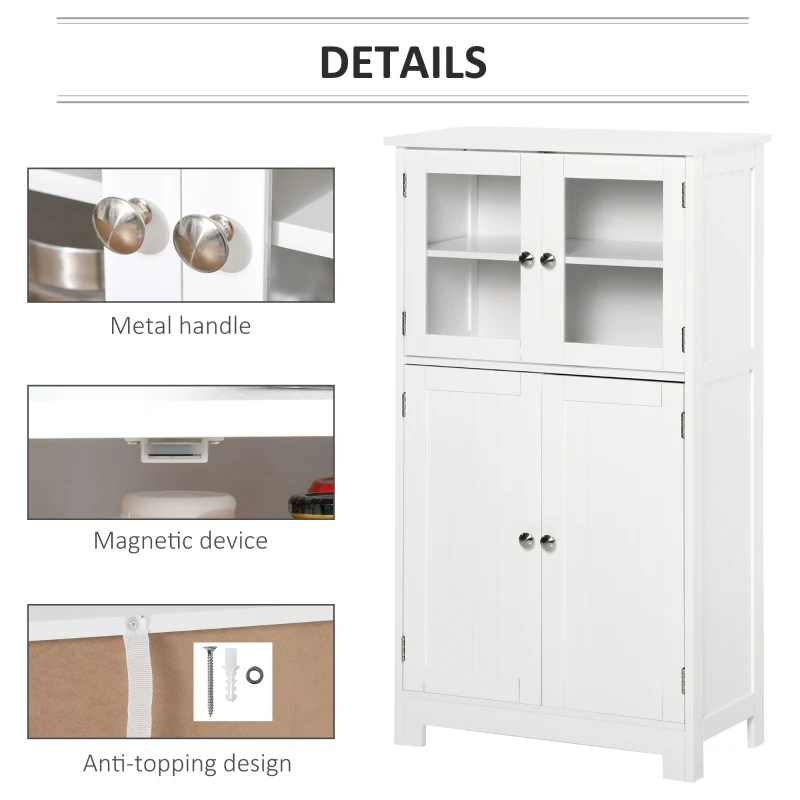kleankin  Free Standing Bathroom Storage Cabinet, Floor Cupboard with Tempered Glass Doors and Adjustable Shelf, Living room Organizer, White