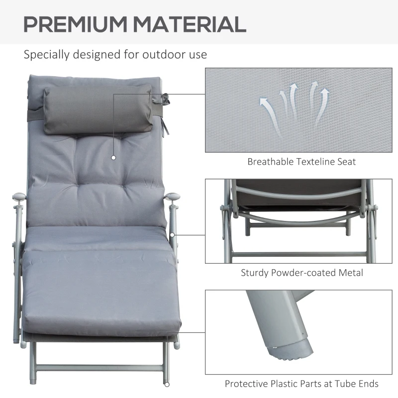 Outsunny Patio Sun Lounger Garden Textilene Foldable Reclining Chair Adjustable Recliner with Cushion Pillow - Grey