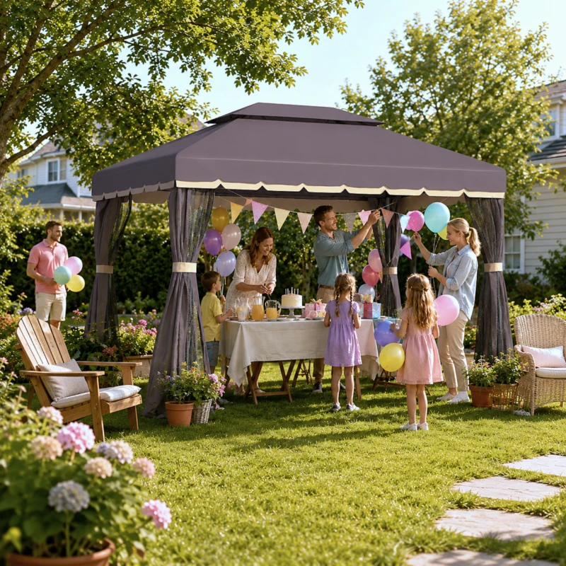 Outsunny 3 x 4m Aluminium Garden Gazebo, Marquee Canopy Shelter Pavilion Party Tent with Nets and Curtains for Garden and Deck, Coffee