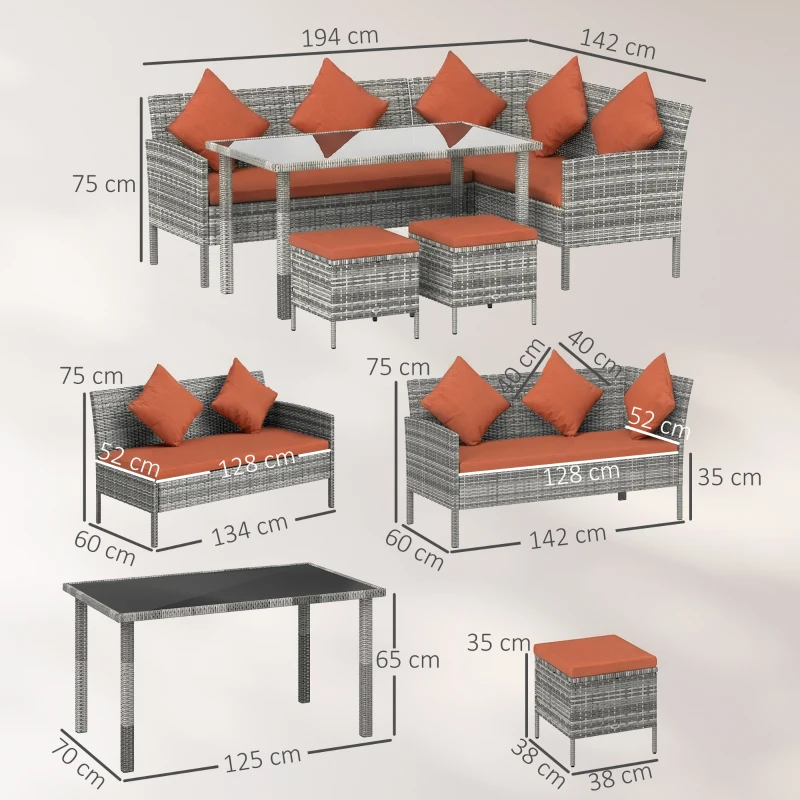 Outsunny 6-Seater Rattan Dining Set Sofa Table Footstool Outdoor w/ Cushion Garden Furniture, Orange