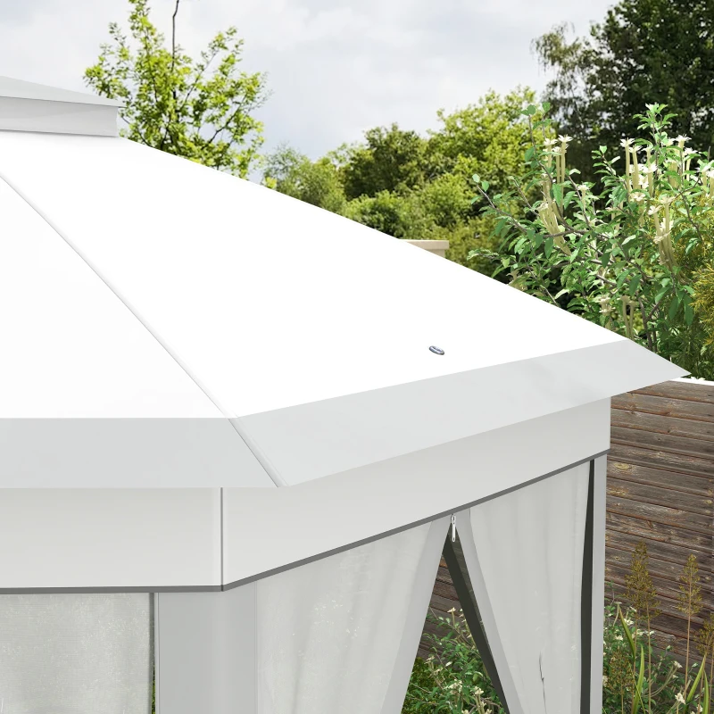 Outsunny Vouwtent 4 x 4m, Zeshoekig Ontwerp, Netgordijnen, Waterafstotend, Ventilatiedak, Grijs+Wit