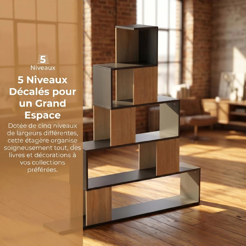 HOMCOM Étagère de rangement, bibliothèque géométrique à 5 niveaux, pour bureau, salon, chambre, noir et bois naturel