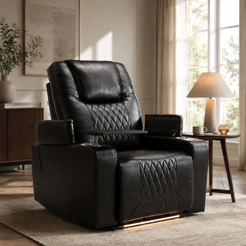360° Swivel Leather Recliner Chair with USB Port, Cup Holders, Ambient Light, Adjustable Electric Gaming Recliner Chair, 92x80x108 cm, Black