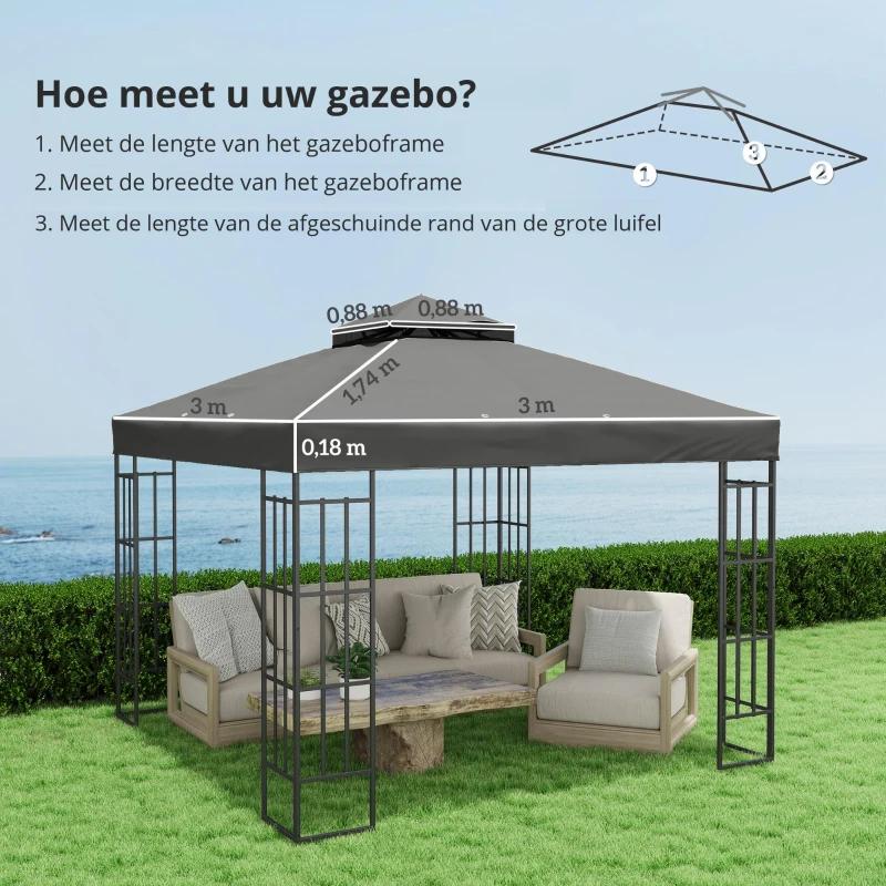 Outsunny 3 x 3 m Vervangingsdak voor Paviljoen, Dakzeil met Afvoergaten, UPF30+, Zonbescherming, Donkergrijs