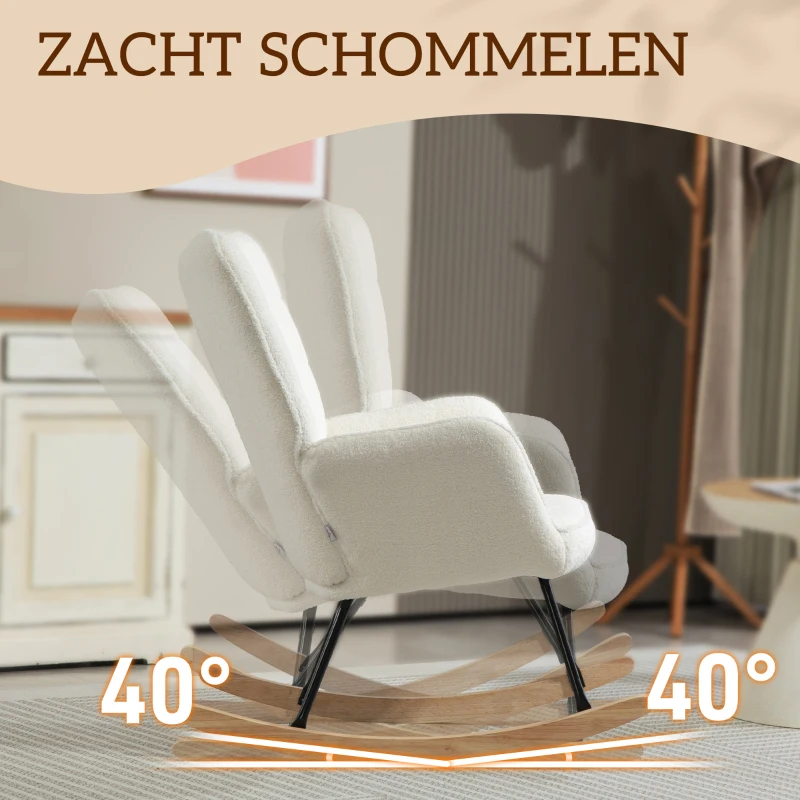 HOMCOM Schommelstoel in Berbervlies Look met Armleuningen, Ergonomische Stoel met Houten Glijders, voor Woonkamer, Slaapkamer, Wit(m-4)