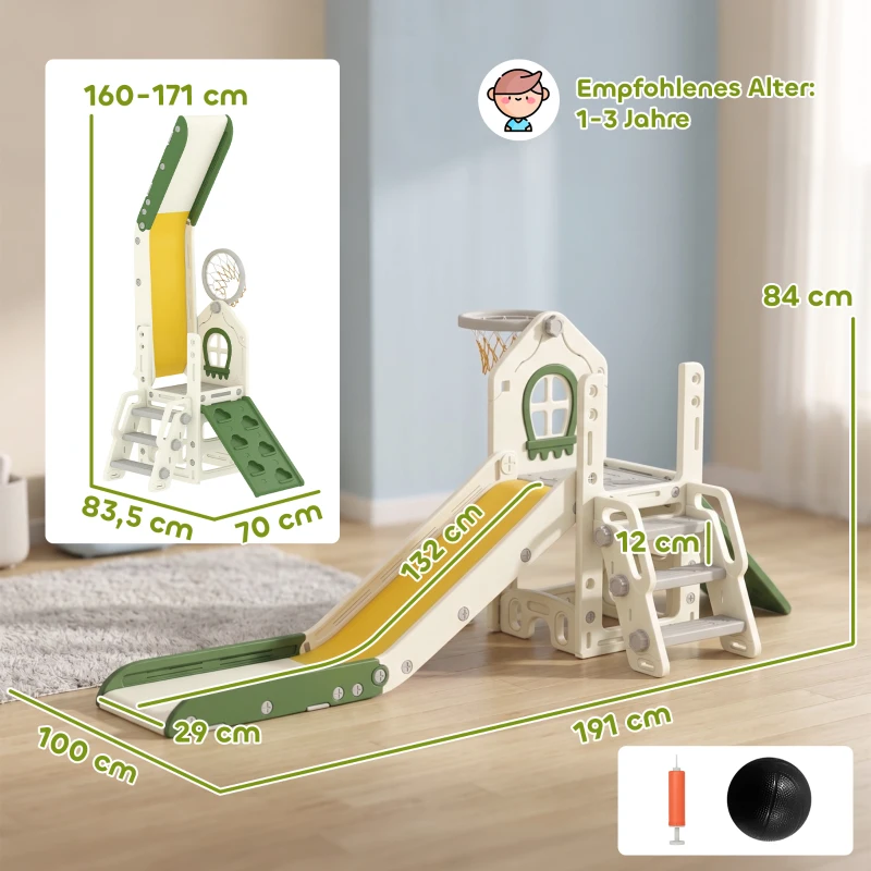 AIYAPLAY Faltbare 4-in-1 Kleinkinderrutsche mit Kletterelement, Basketballkorb, Stauraum und Basketball für Kinder von 1-3 Jahren, Cremeweiß