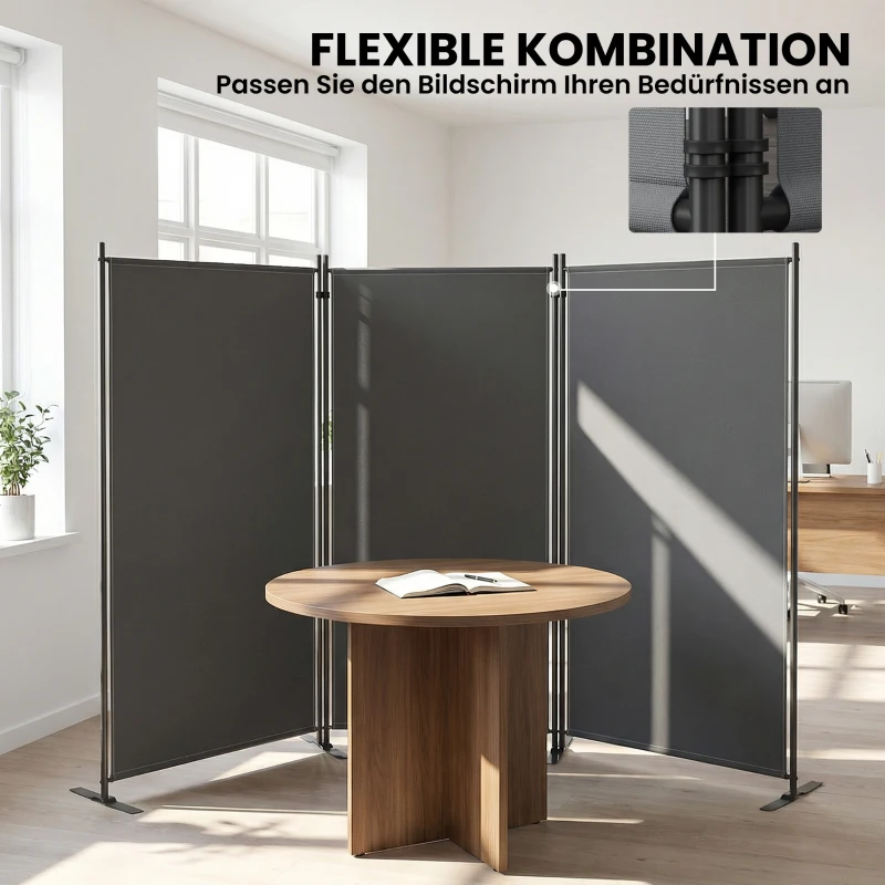 Outsunny Raumteiler 3-teilig 260 x 34 cm Freistehend Paravent Trennwand Sichtschutz aus Metall, Outdoor Raumtrenner Dunkelgrau