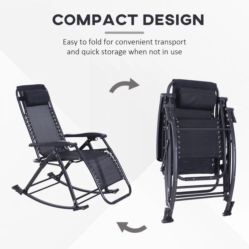 Outsunny Foldable Garden Rocking Chair, Outdoor Recliner Sun Lounger with Breathable Mesh Fabric, Zero-Gravity Seat with Headrest and Cup Holder Tray, Black