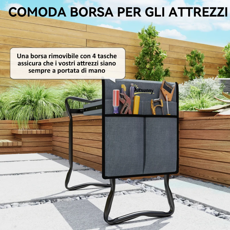 Outsunny Sedia Inginocchiatoio 2 in 1 in Acciaio con Borsa Portaoggetti e Cuscino in EVA, 58x28x49 cm, Grigio e Nero