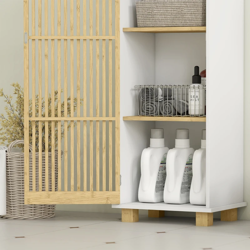 HOMCOM Columna de baño, mueble de baño con almacenamiento con puerta de lamas de bambú y compartimentos abiertos, blanco