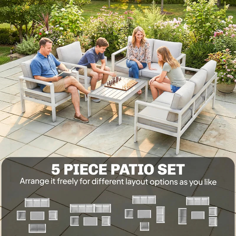 Outsunny 5 Pieces Aluminium Garden Furniture Set with Olefin Cushions, Extra Deep Outdoor Garden Sofa Set, White