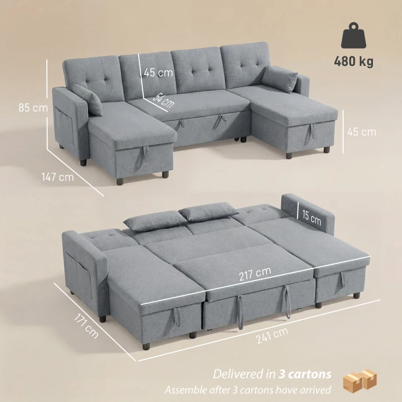 HOMCOM Divano Angolare 4 Posti con Funzione Letto e Contenitore a U, Divano con Chaiselongue, Schienale Regolabile, Effetto Lino