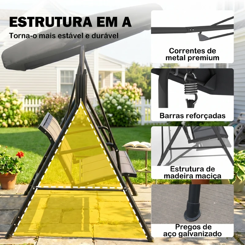 Outsunny Baloiço de Jardim Exterior de 3 Lugares com Toldo Reclinável Assento Respirável e Estrutura de Aço 175x118x159 cm Preto