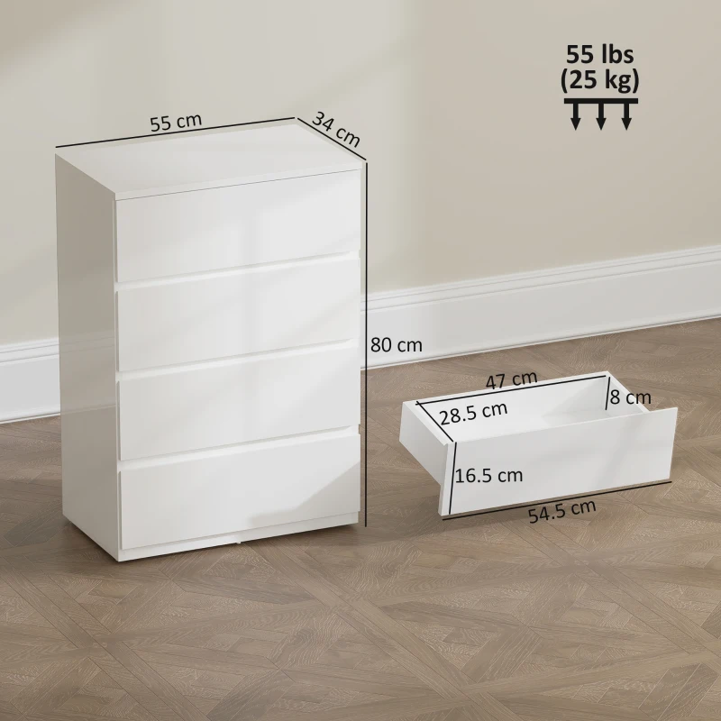 HOMCOM High Gloss Chest of Drawers, 4-Drawer Storage Cabinets, Modern Dresser for Bedroom, White