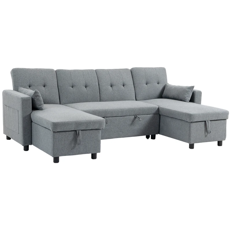HOMCOM Sofá esquinero con función cama y arcón en U 4 plazas Sofá con chaiselongue, respaldo ajustable, aspecto lino