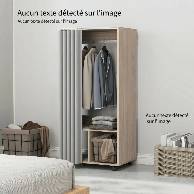 HOMCOM Armoire penderie armoire de rangement mobile avec rideau, tringle de suspension, 60 x 40 x 128 cm, effet bois naturel