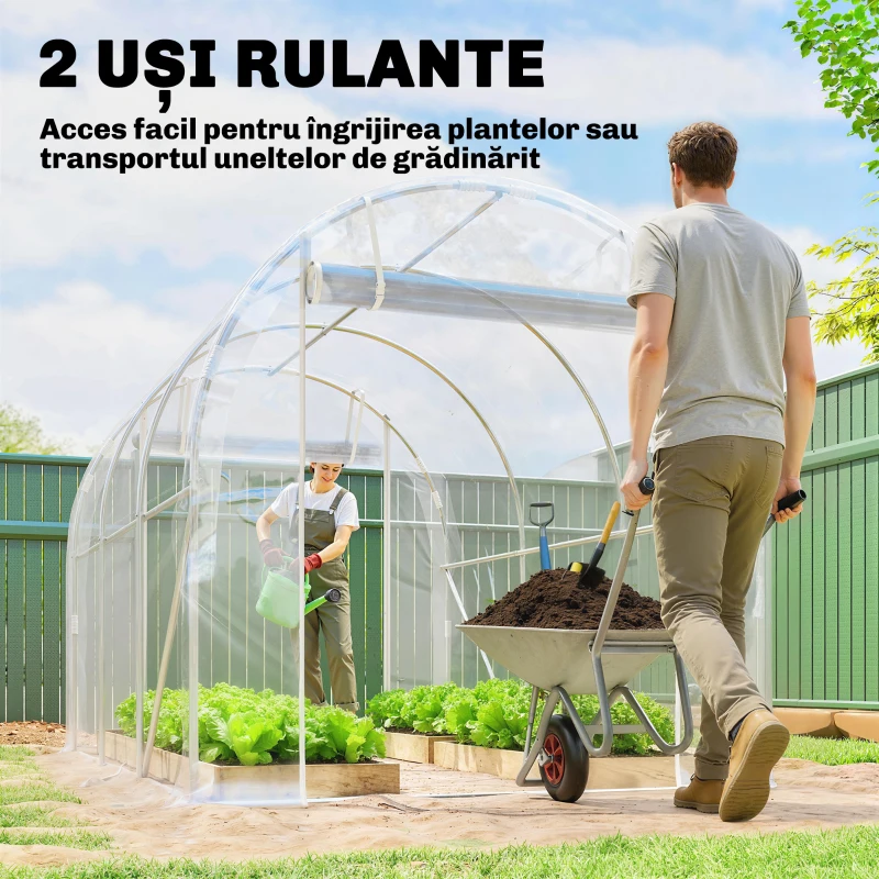 Outsunny Seră tip tunel 2x3x2 m cu uși rulabile, cadru din oțel și acoperire din PE anti-UV, transparentă