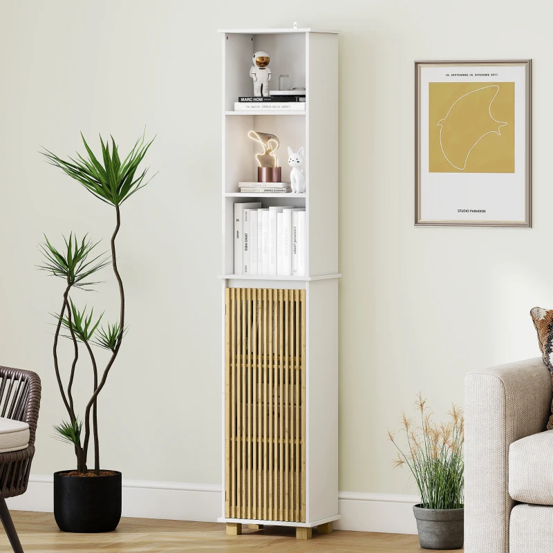 HOMCOM Columna de baño, mueble de baño con almacenamiento con puerta de lamas de bambú y compartimentos abiertos, blanco