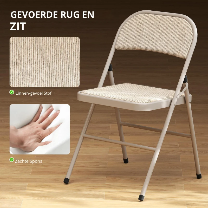 HOMCOM Set van 2 inklapbare stoelen, draagbare bureaustoelen, metalen poten, opvouwbare stoel voor kantoor, wachtruimte, linnenlook, beige
