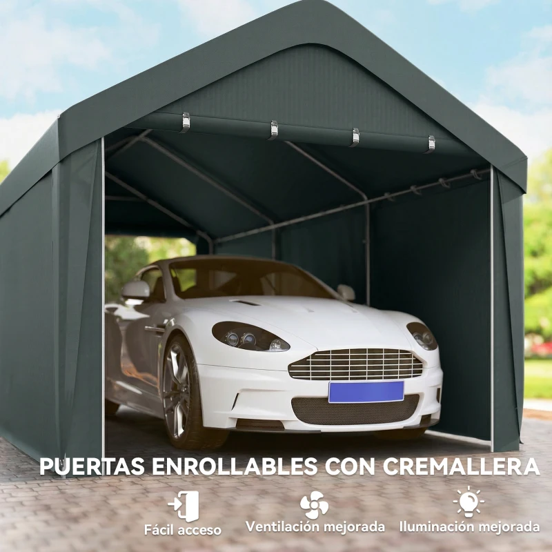 Outsunny Carpa Garaje de Exterior 3x6 m con Tejido PE Resistente Estructura de Acero y Paredes Desmontables Gris Oscuro