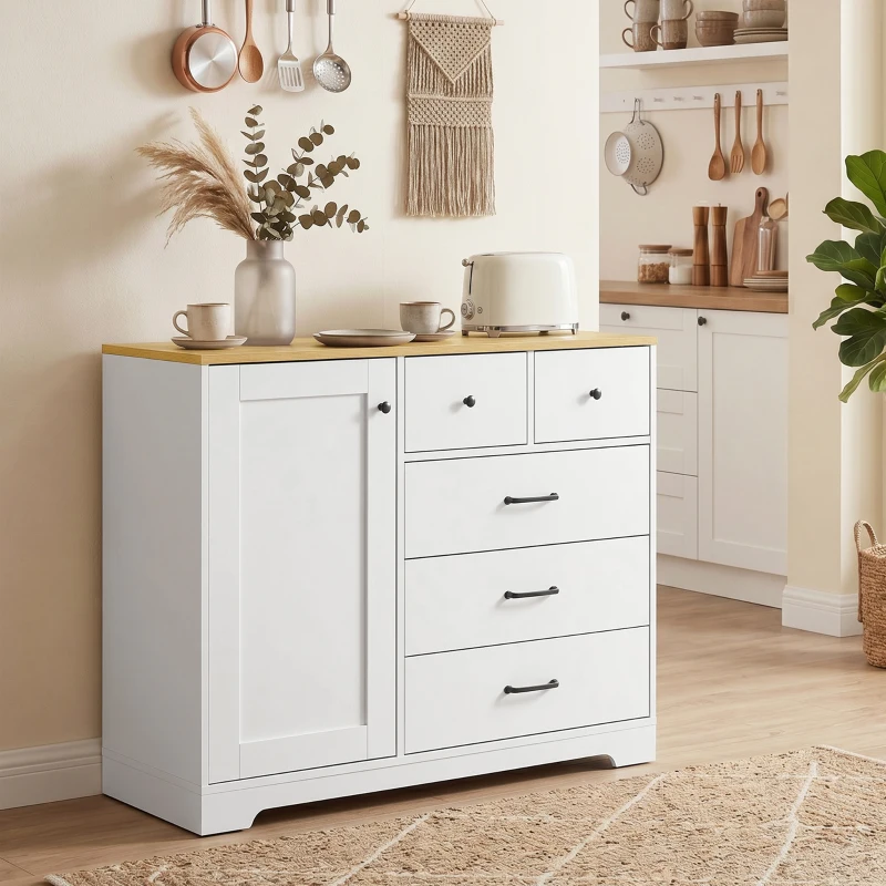 HOMCOM Buffet Cozinha, Móvel de Arrumação com 5 Gavetas e Porta, Estilo Rústico, 100 x 40 x 94 cm, Branco