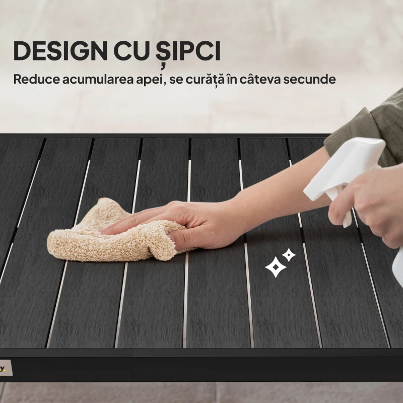 Outsunny Masă de Grădină cu Blat cu Aspect de Lemn 190x90 cm pentru 8 Persoane, Masă de Luat Masa de Exterior Dreptunghiulară din Aluminiu și Plastic, pentru Terasă, Balcon, Negru
