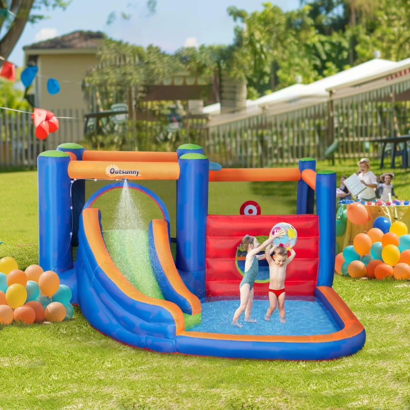 Outsunny springkasteel, met ruches, springkussen, zwembad, opblaasbaar, incl. elektrische pomp, voor maximaal 3 kinderen, 380 x 340 x 170 cm