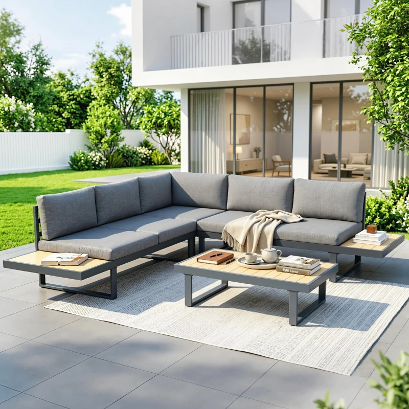 Outsunny Ensemble salon de jardin d'angle design 5 places coussins table basse alu. gris anthracite et imitation bois