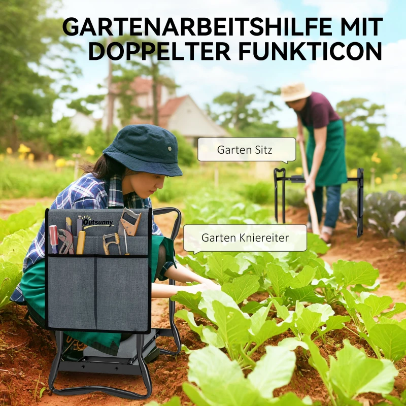 Outsunny Kniebank für Gartenarbeit klappbar Gartenhocker mit Kniekissen Werkzeugtaschen bis 150 kg 58 x 28 x 49cm Grau
