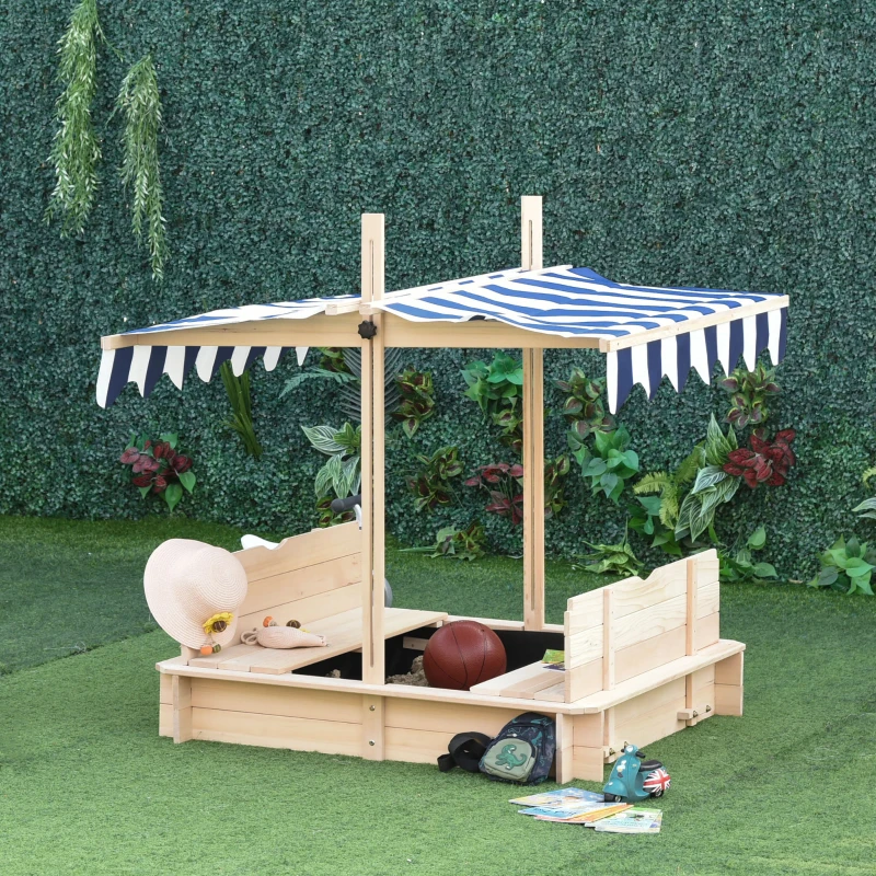 Outsunny Bac à sable carré en bois pour enfants dim. 106L x 106l cm avec bancs et couvercle - auvent réglable